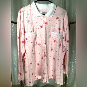 Vintage 90s Karen Neuburger Pink Floral Button Up Pajama Long-Sleeve Top